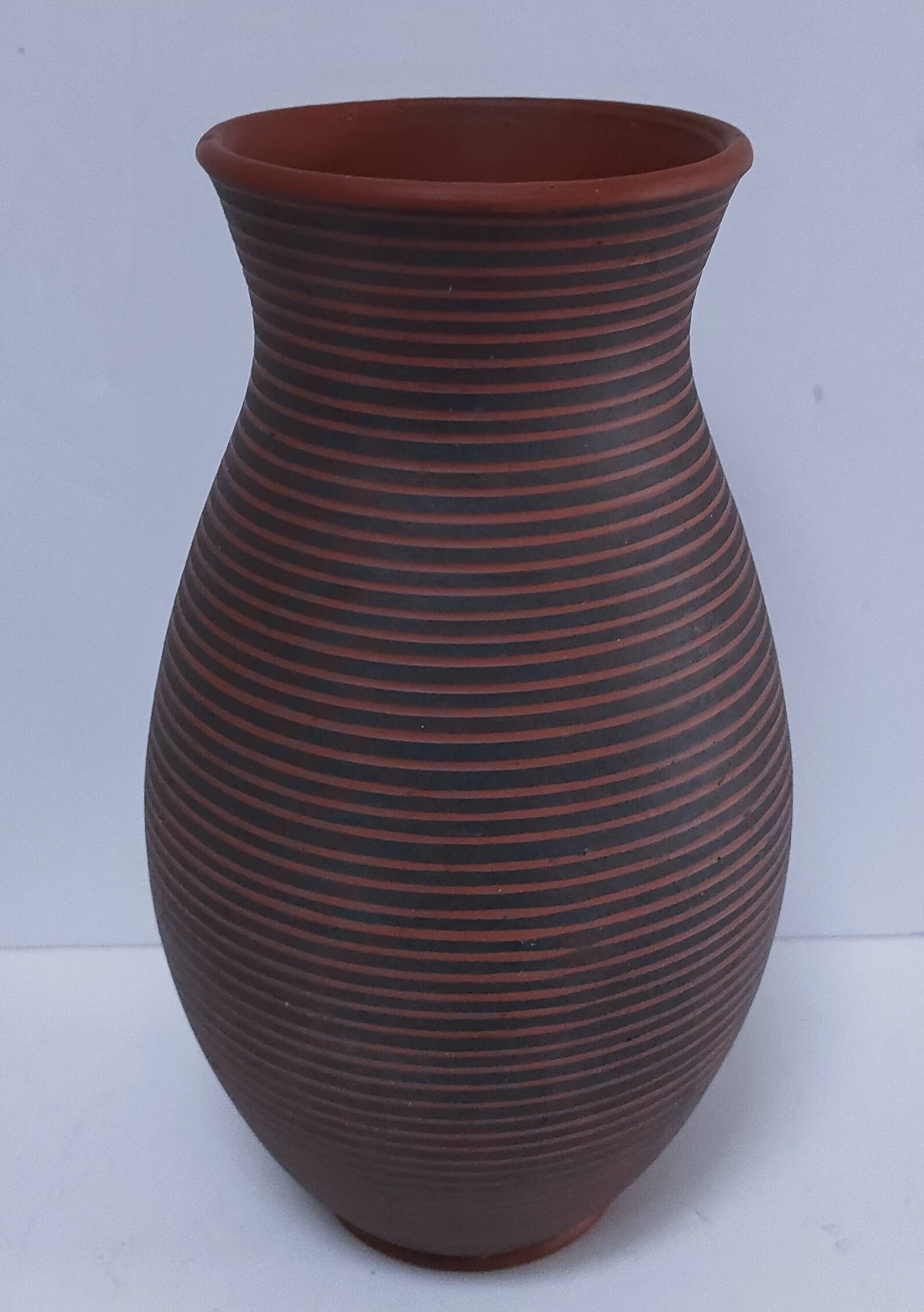 two-tone striped clay vase from the 1960s, signed
