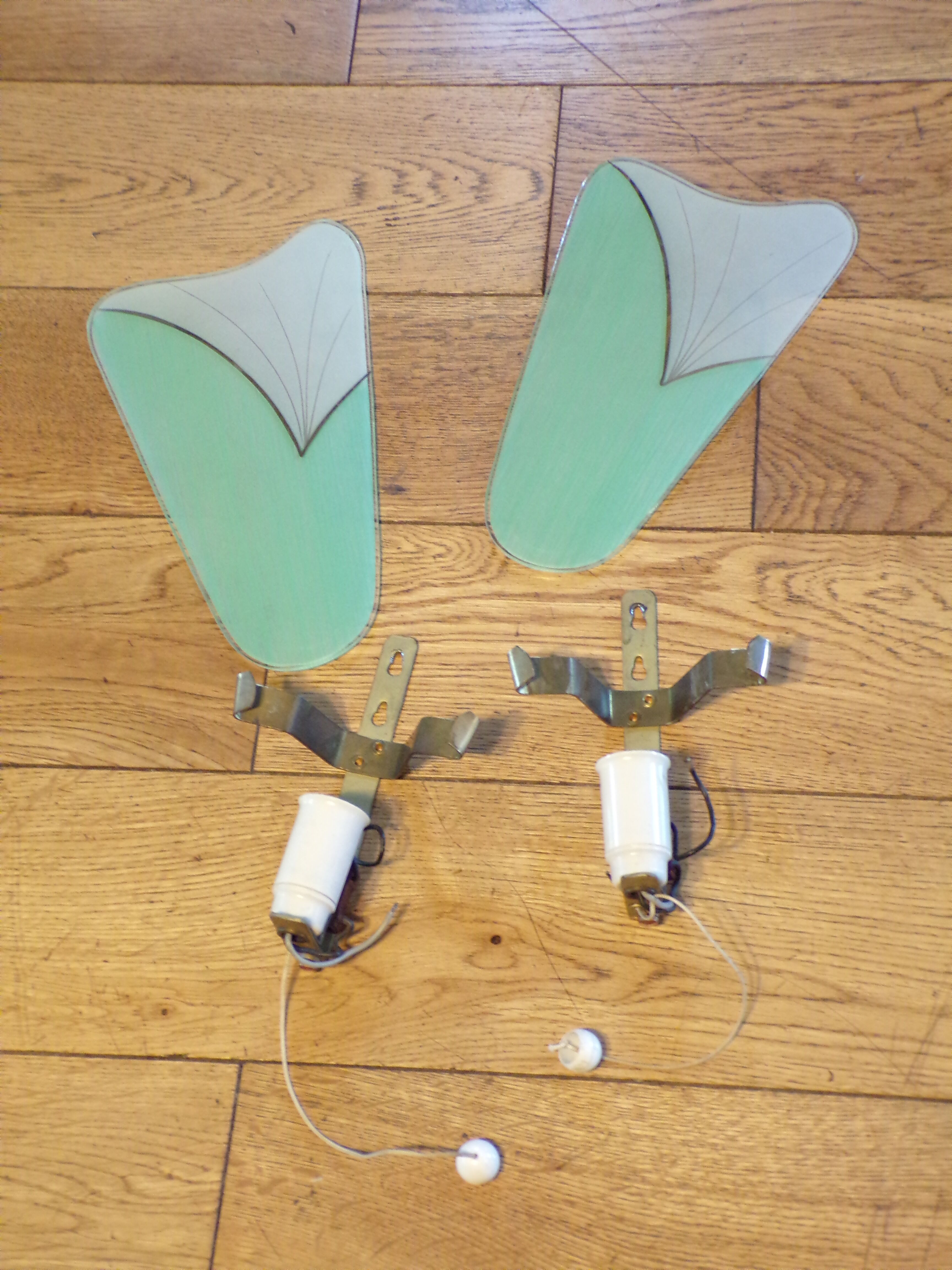 Pair of modernist sconces in screen-printed glass