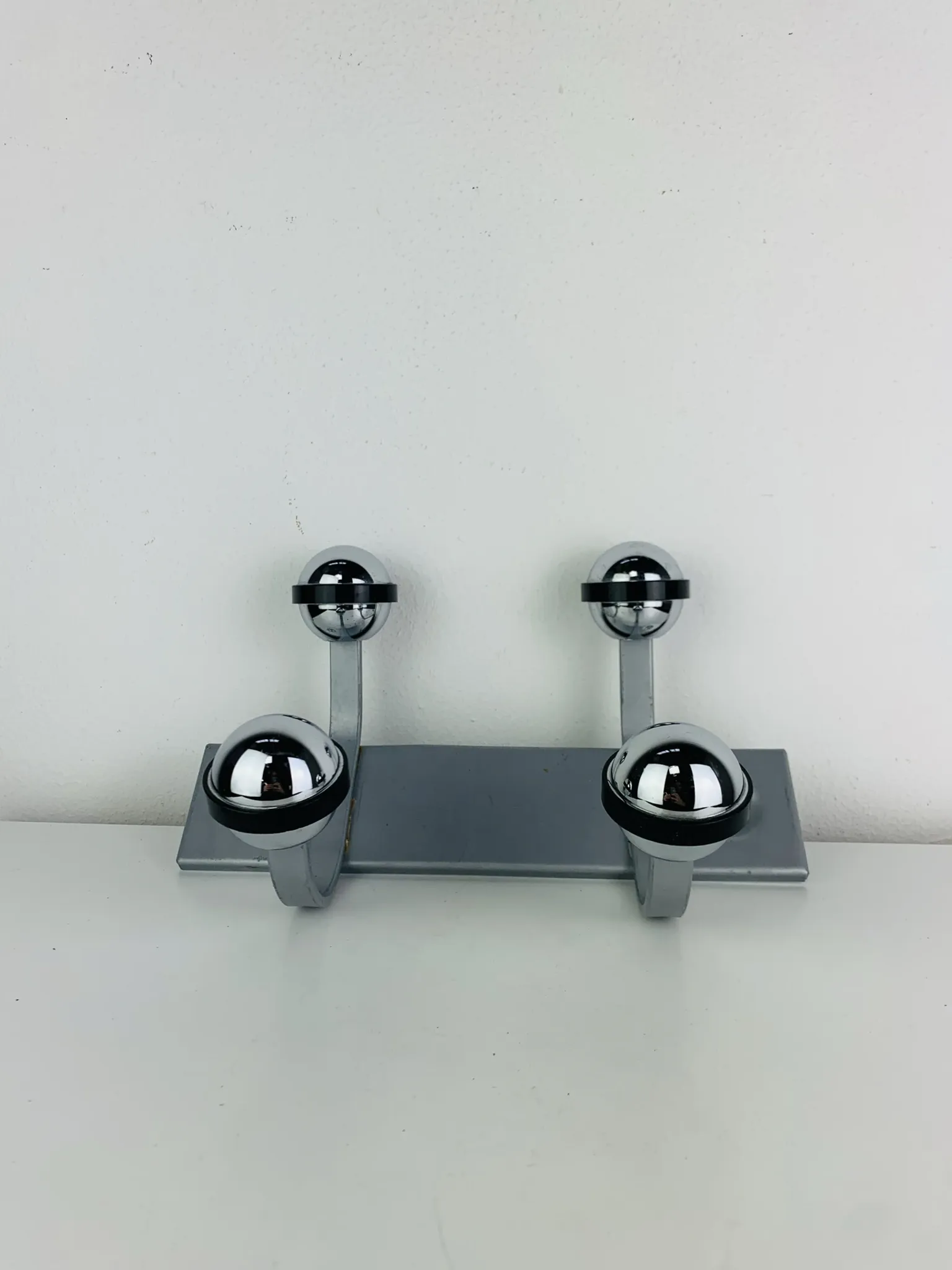 Wall-mounted coat rack, double chrome and grey metal hook, vintage
