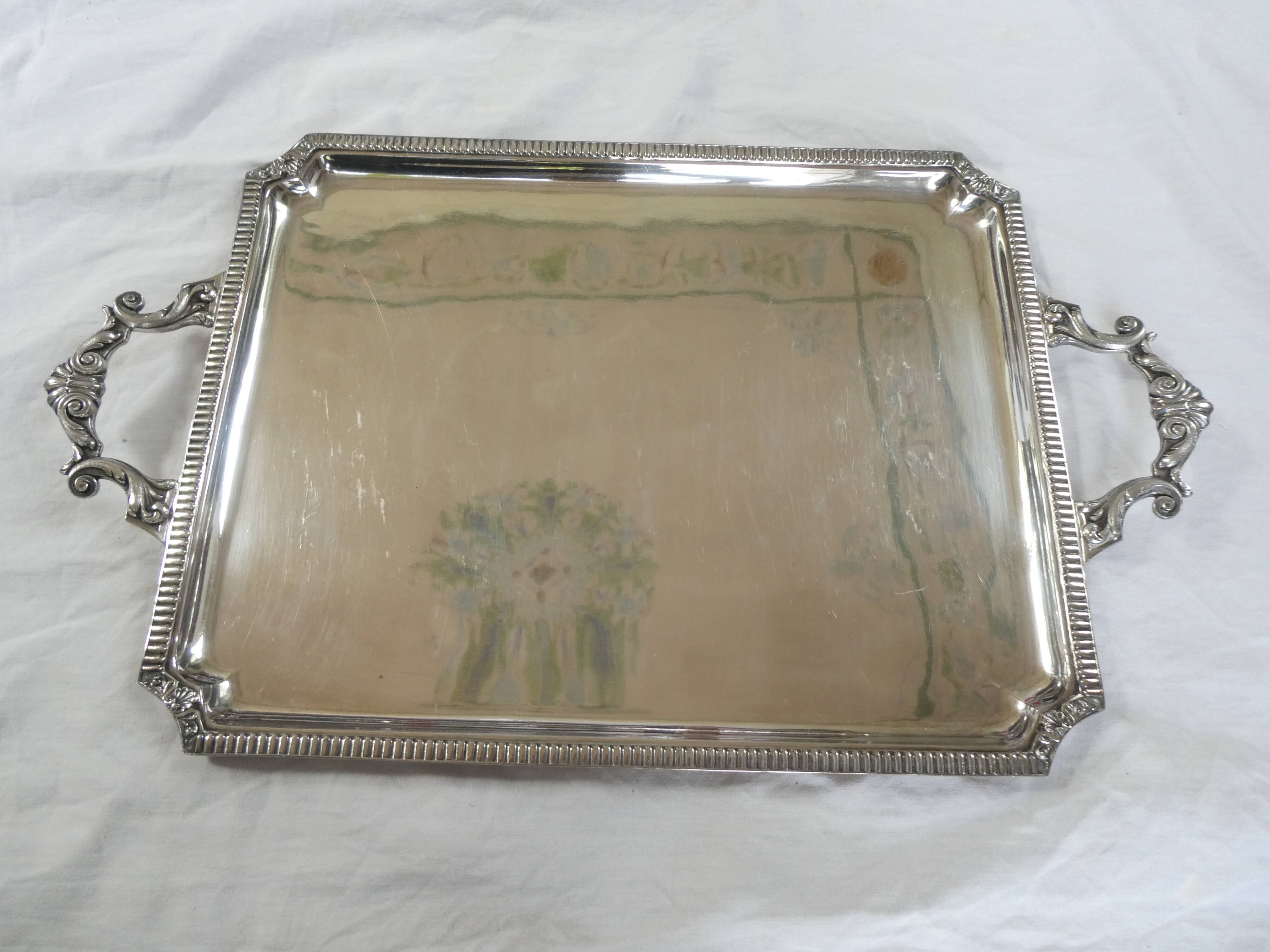 Large rectangular silver metal tray with handles Maison Wiskemann