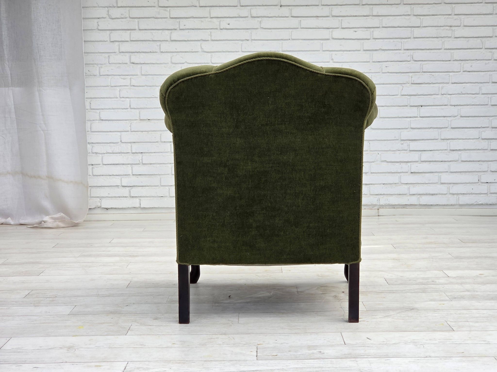 1950s, Danish armchair, green furniture velour, ash wood legs.