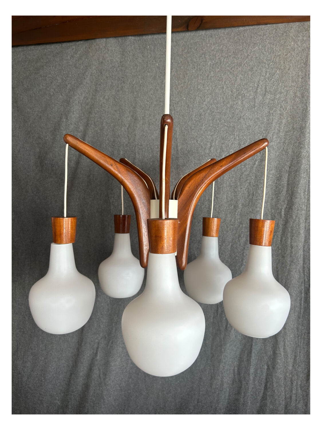 Vintage teak and opaline chandelier