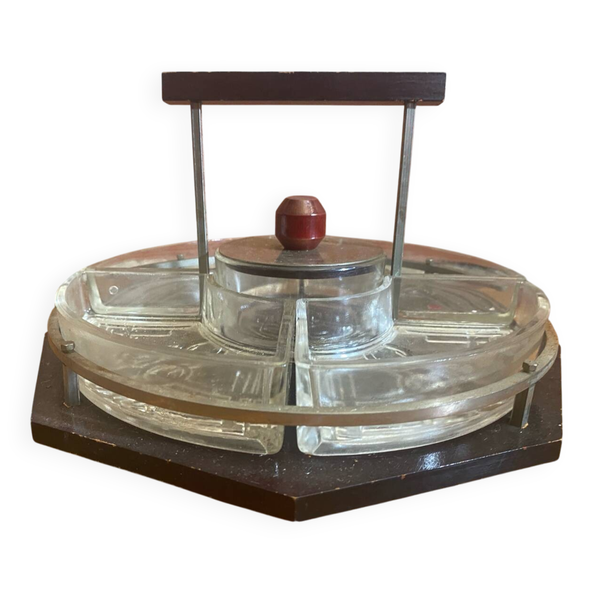 Serviteur Plateau Service Bois & Chrome + Bols Verre Moulé Cuisine Vin