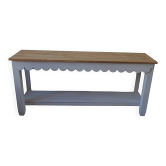 Console with pearl gray patinated base, oak top.