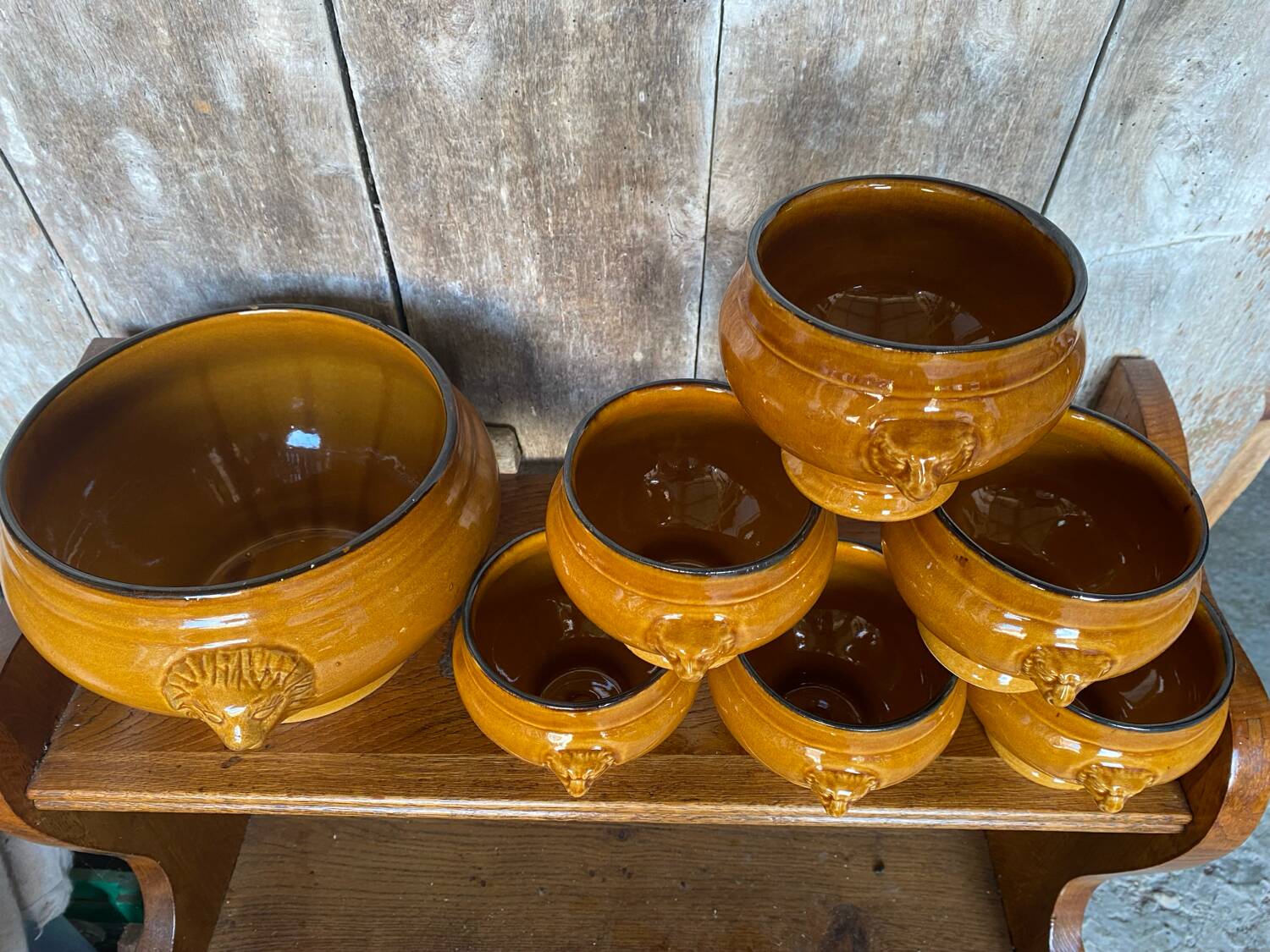 Antique Soup Tureen + 6 Onion Bowls Beige Ceramic Lion Head Vintage #B578