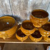 Antique Soup Tureen + 6 Onion Bowls Beige Ceramic Lion Head Vintage #B578