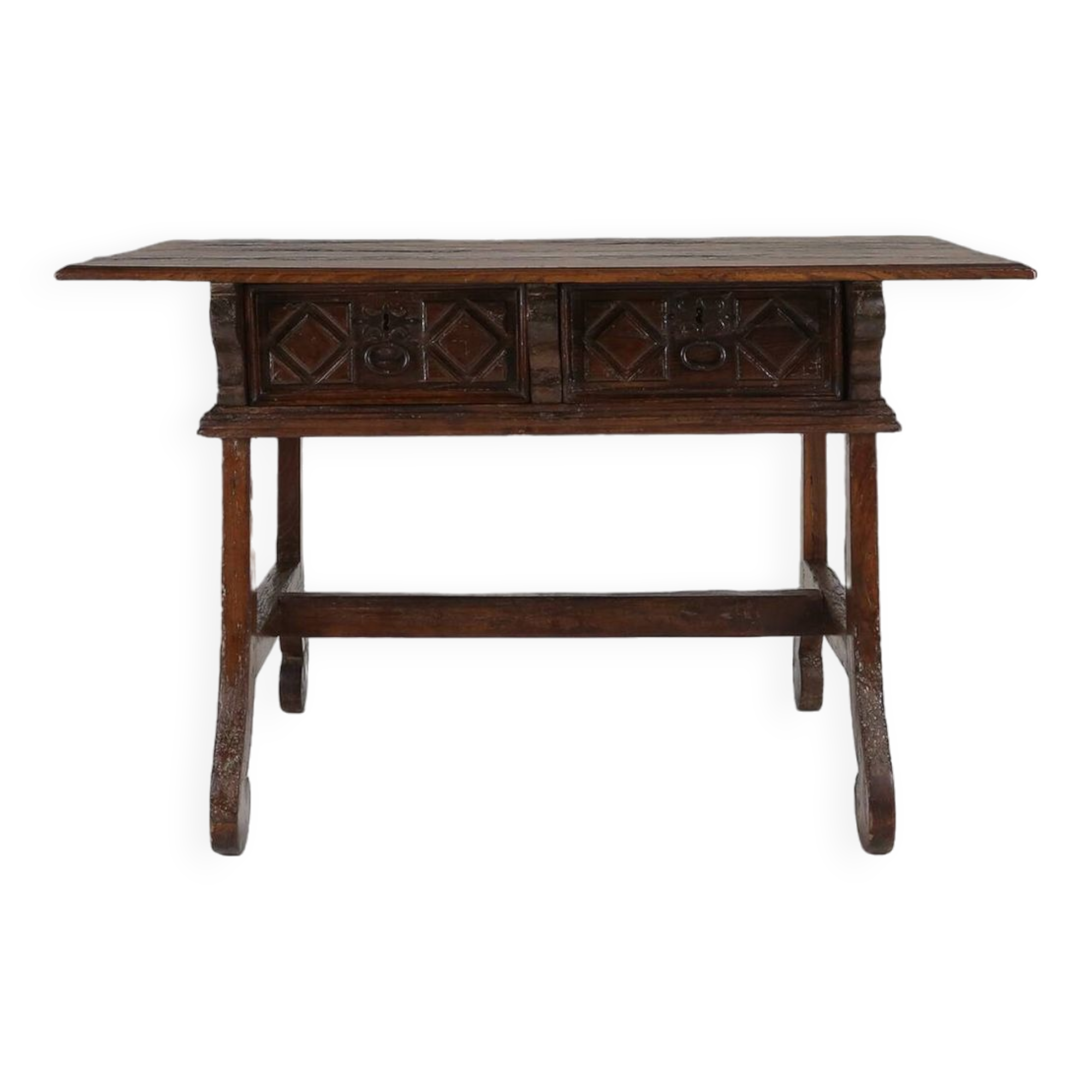 Antique oak Spanish console table with handcrafted drawers, 18th century