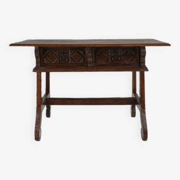 Table console espagnole ancienne en chêne avec tiroirs fabriqués à la main, 18ème siècle