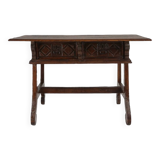 Table console espagnole ancienne en chêne avec tiroirs fabriqués à la main, 18ème siècle
