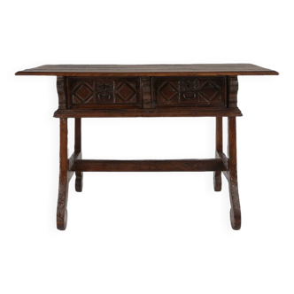 Table console espagnole ancienne en chêne avec tiroirs fabriqués à la main, 18ème siècle