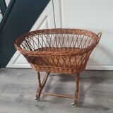 Old vintage rattan crib on wheels, missing a handle 60 by 40cm high 52cm for doll