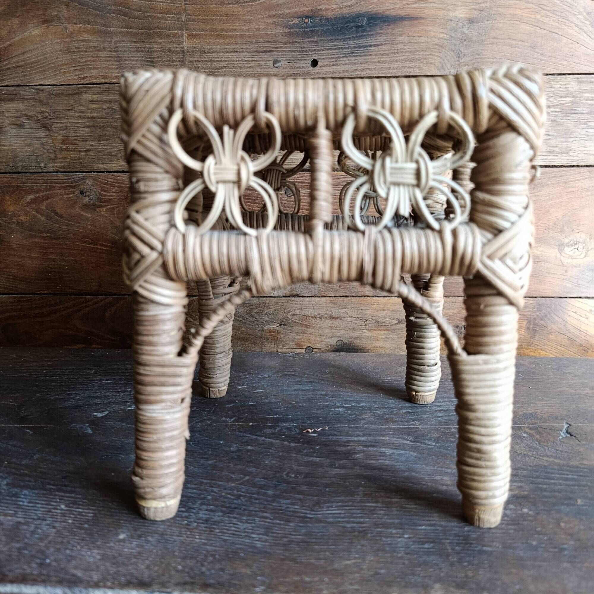 Vintage wicker stool, small woven rattan footstool and rustic plant stand