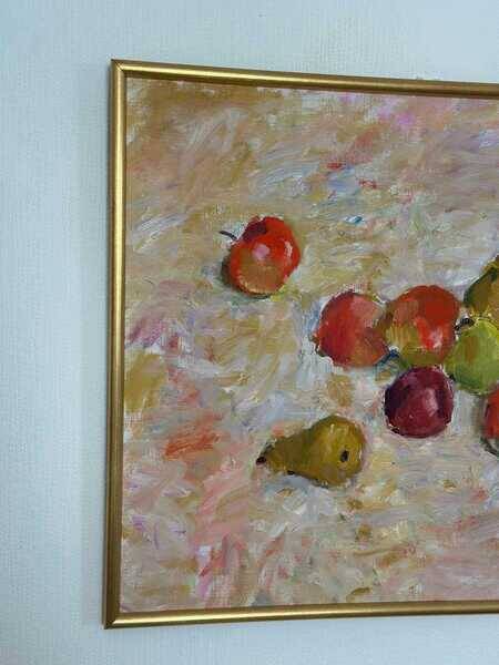 Original Swedish oil on canvas – “Frukt” by Bente Bjerregaard – dated 1989 – vintage & framed 59 × 70 cm