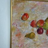 Original Swedish oil on canvas – “Frukt” by Bente Bjerregaard – dated 1989 – vintage & framed 59 × 70 cm