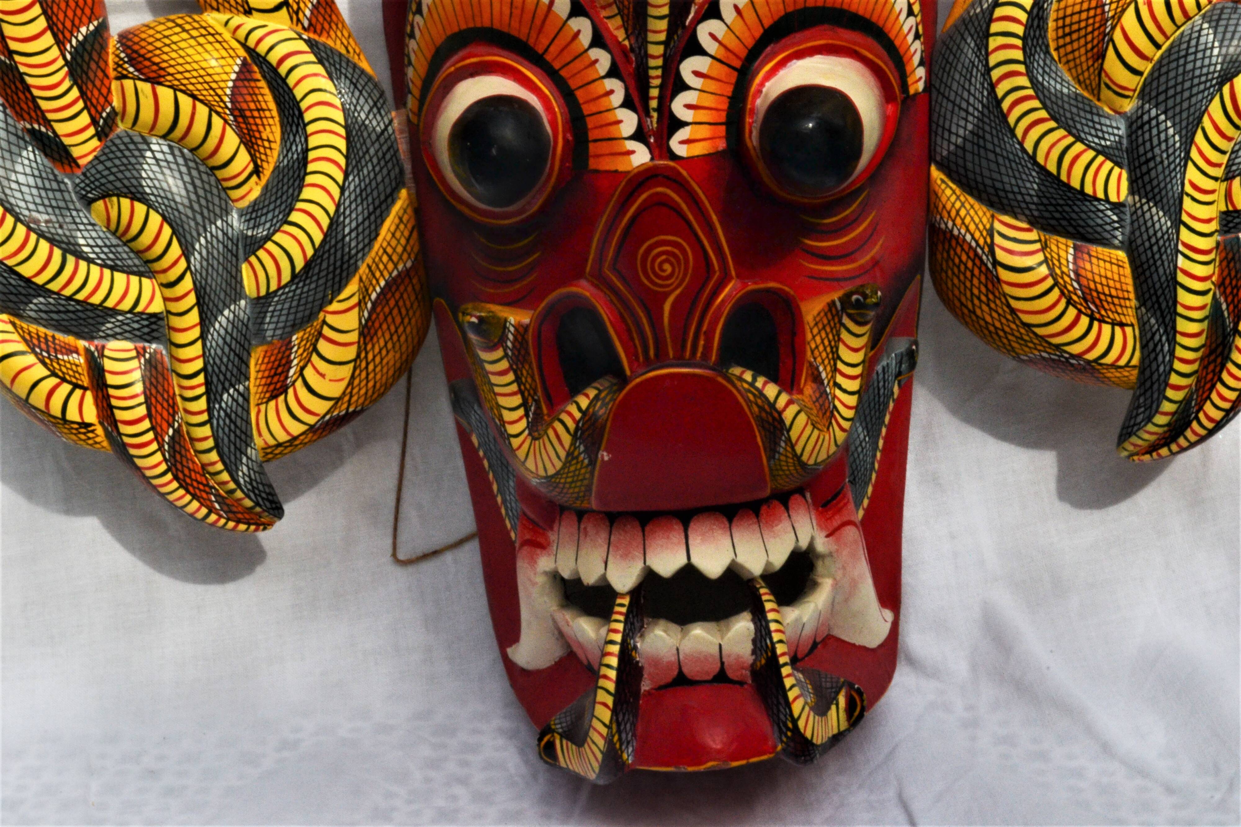 Old oriental mask - carved wood - sri lanka - hand painted