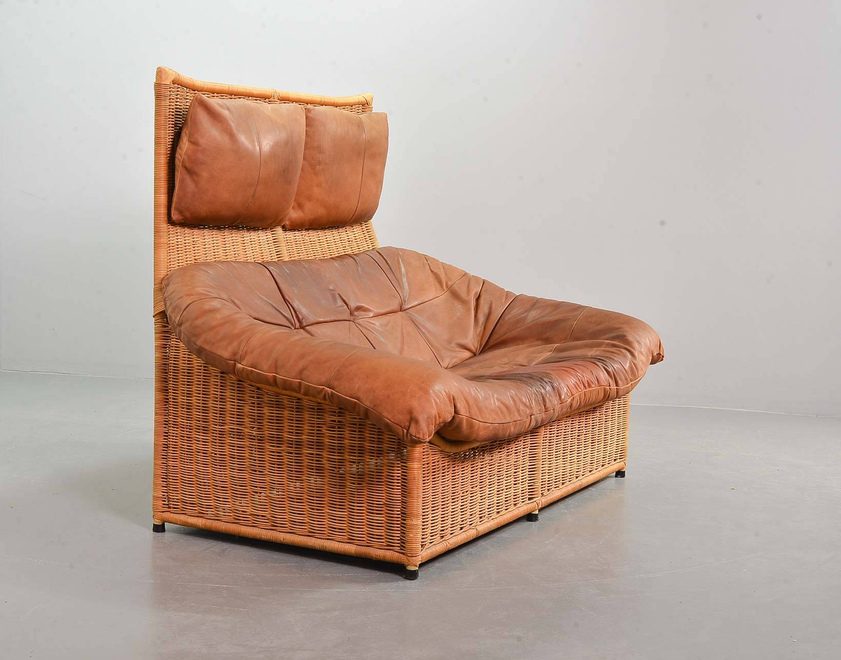 Gerard van de Berg Cognac Patchwork Leather 2-Seat Rockstyle Cane Sofa 70s