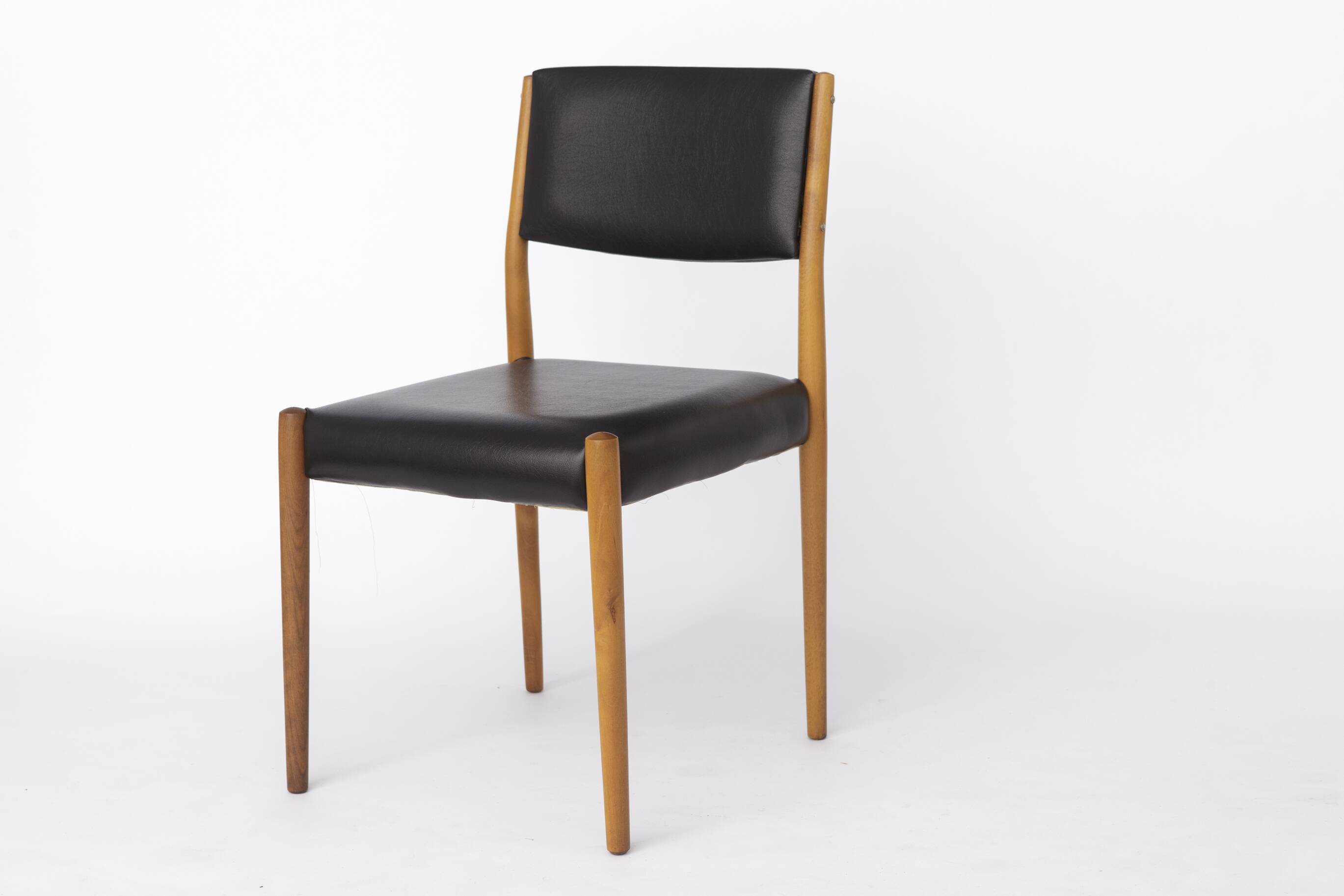 Pair of Vintage German Chairs, 1960s–1970s, Beechwood, Black Faux Leather