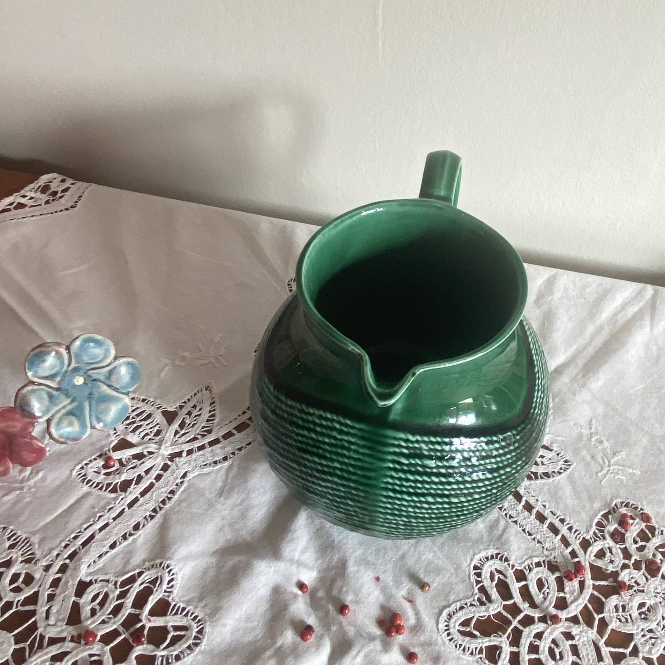 Green ceramic pitcher Sarreguemines vintage tableware