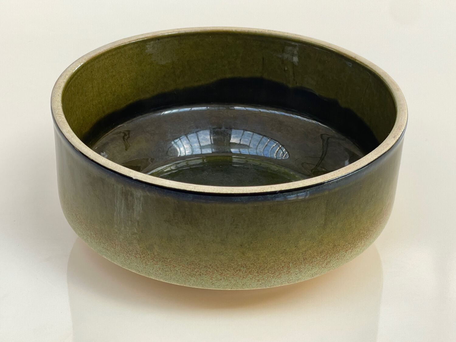 Large vintage ceramic bowl in olive green enamel - 1970s