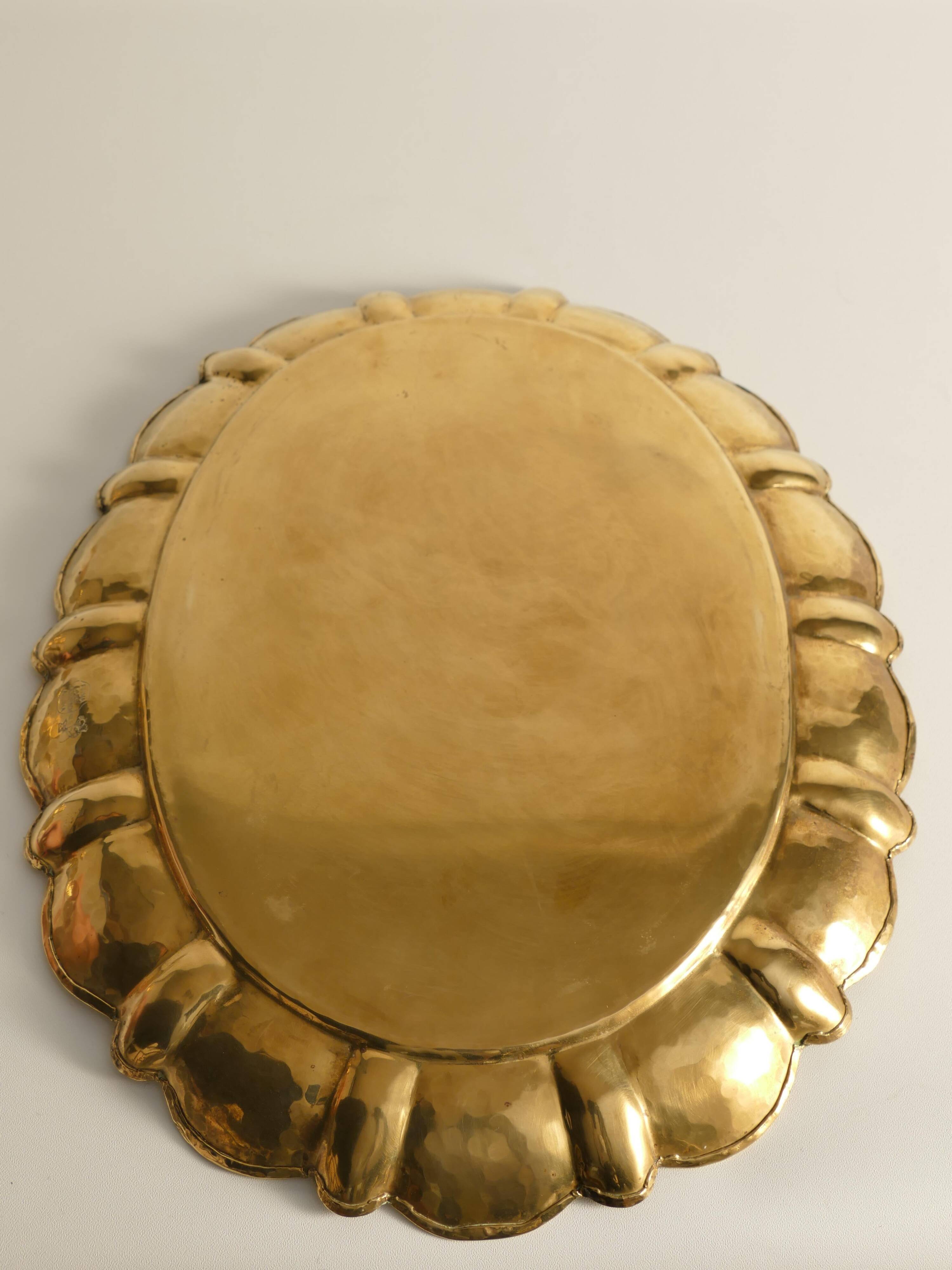 Hollywood Regency Large Oval Brass Tray by Firma Lars Holmström, Sweden 1940's