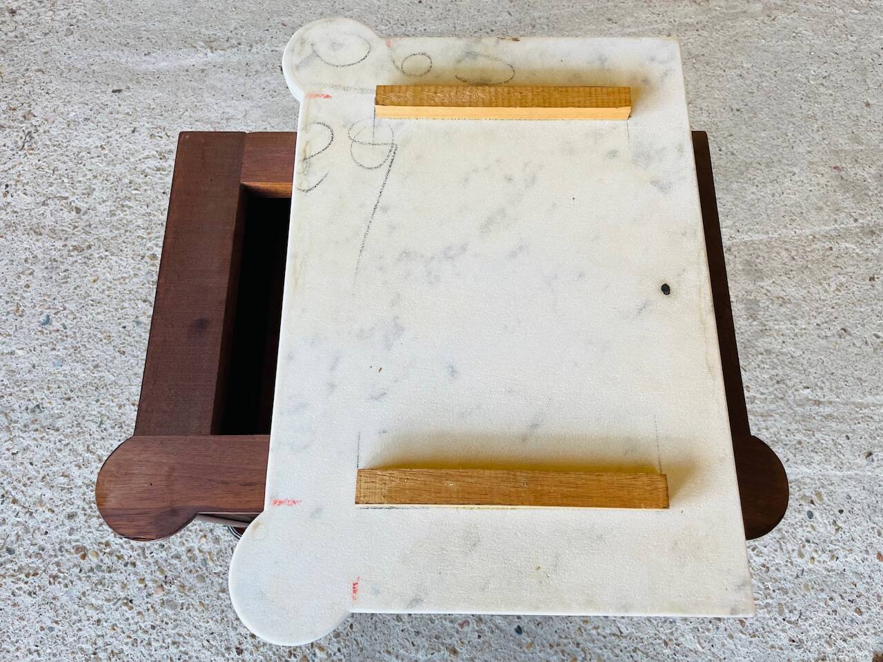 Louis XVI style bedside table, Carrara marble and mahogany
