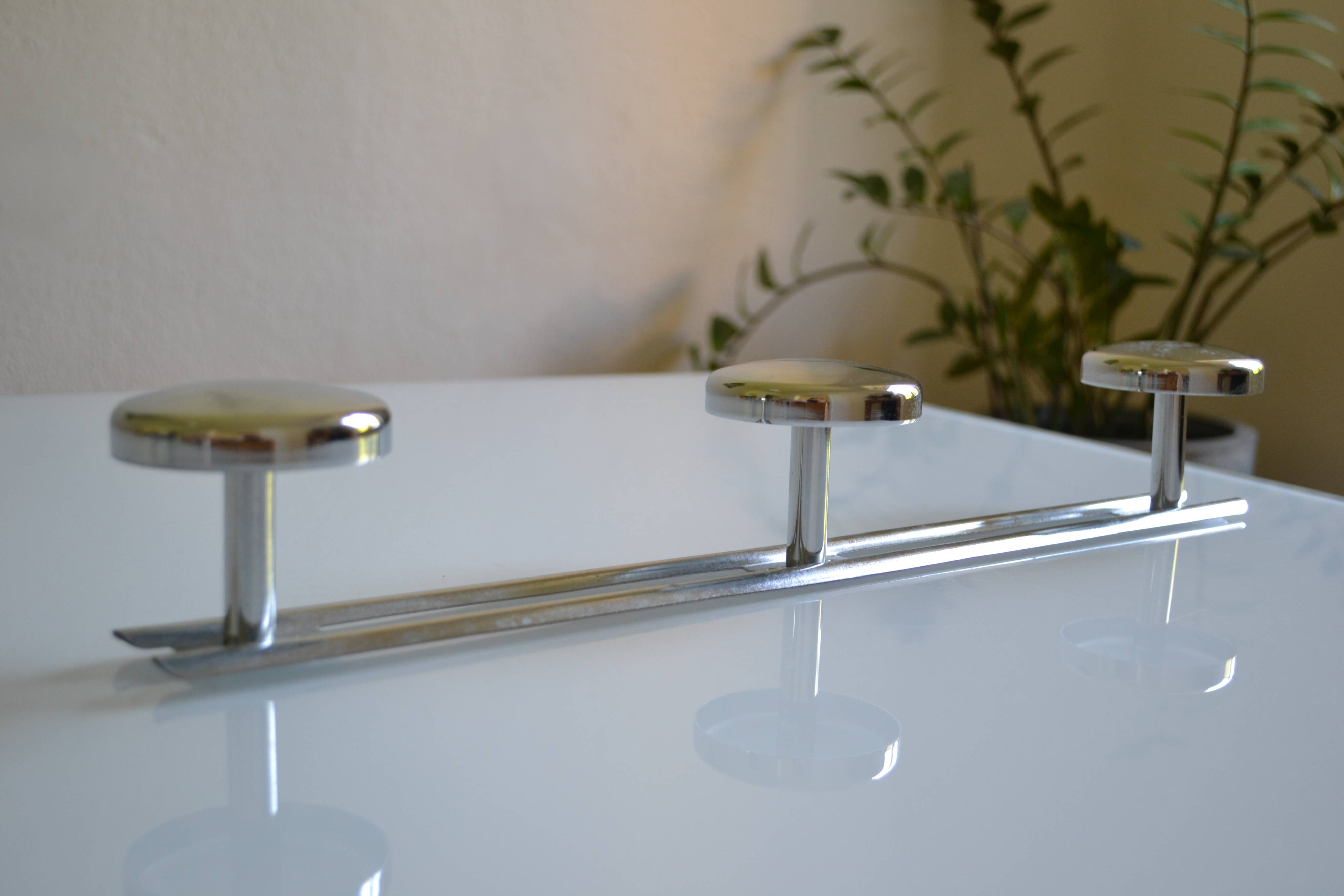 Wall coat rack with 3 chrome metal hooks, vintage 80s.