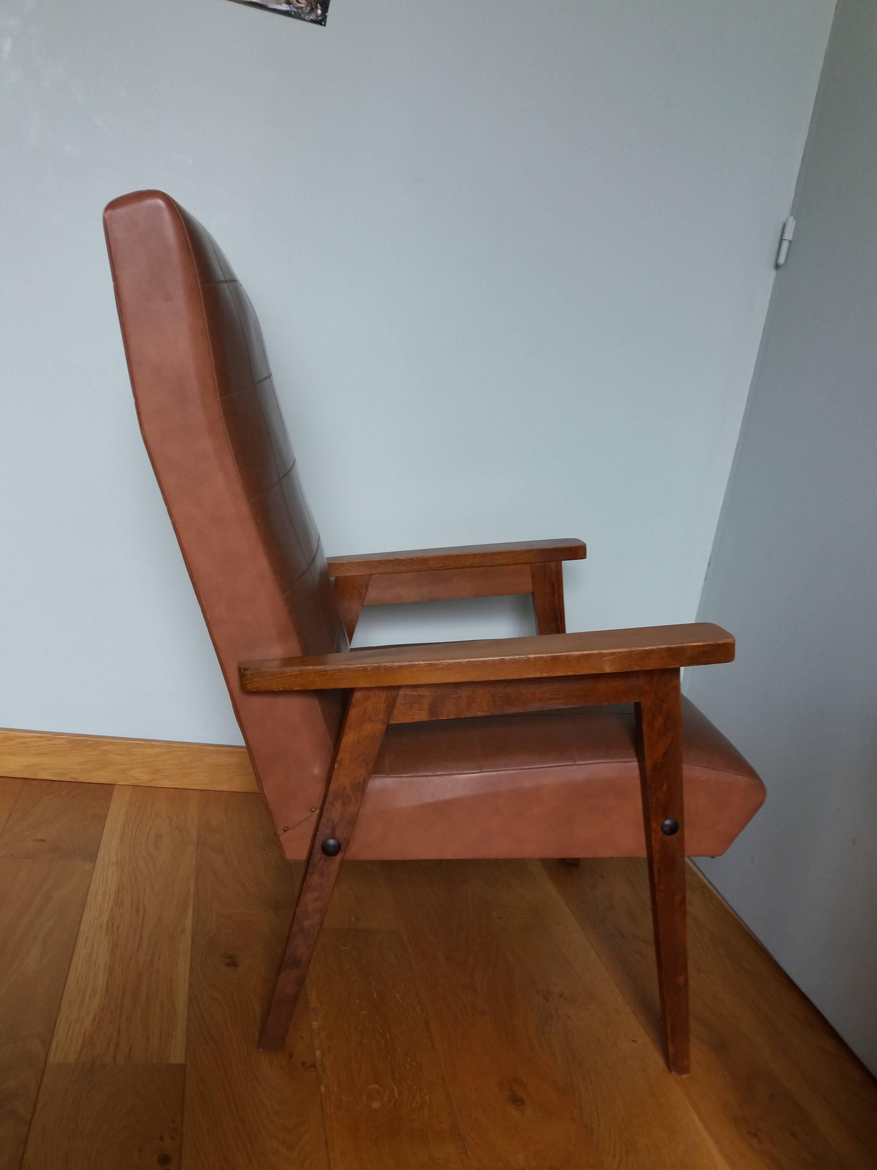 Scandinavian armchair in brown leatherette and wood