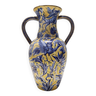 Amphore vintage en céramique émaillée jaune et bleue faite à la main par Zulimo Aretini, Italie