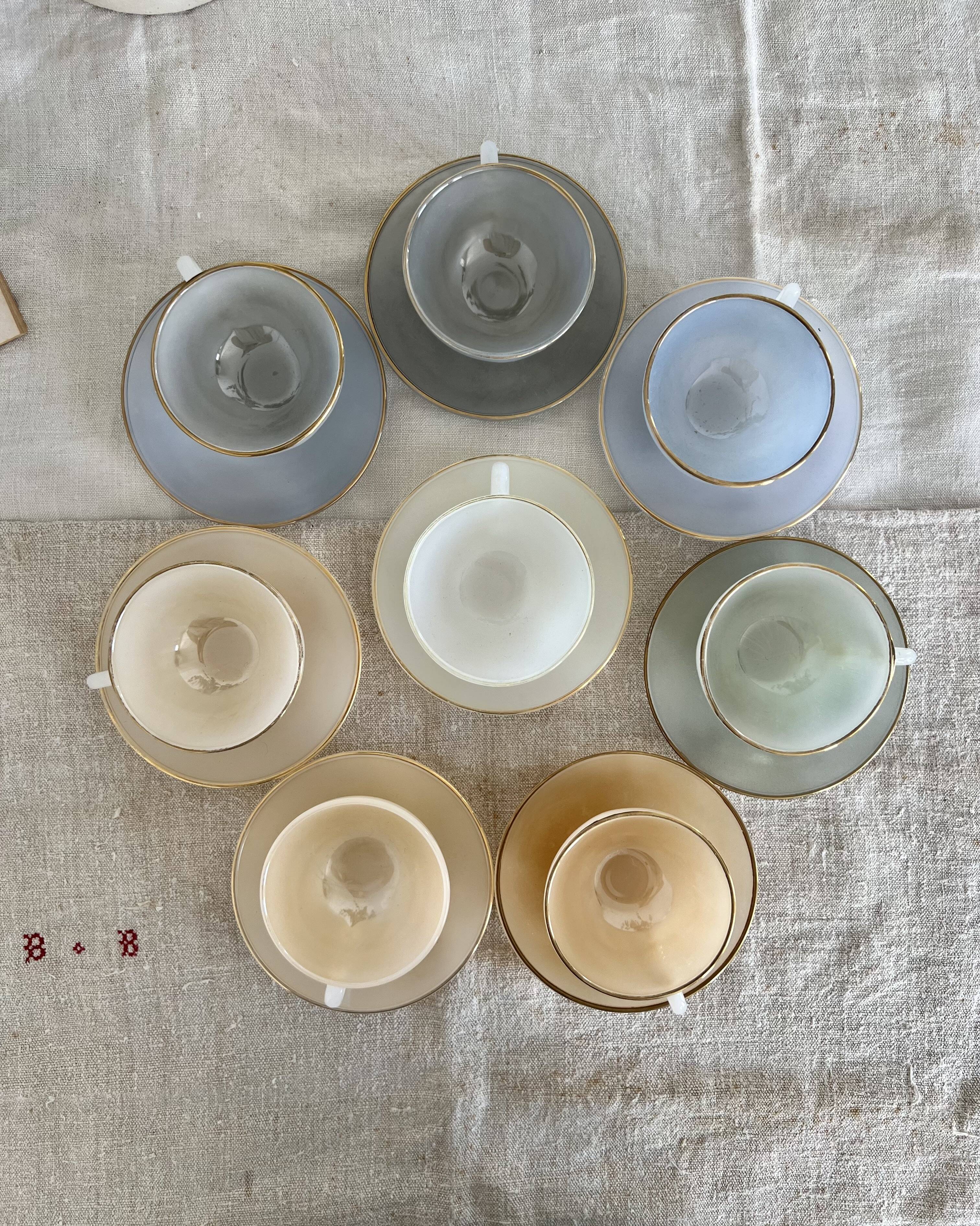 8 vintage cups and saucers Arcopal Harlequin opaline pastel tones with gold edging