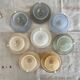 8 vintage cups and saucers Arcopal Harlequin opaline pastel tones with gold edging