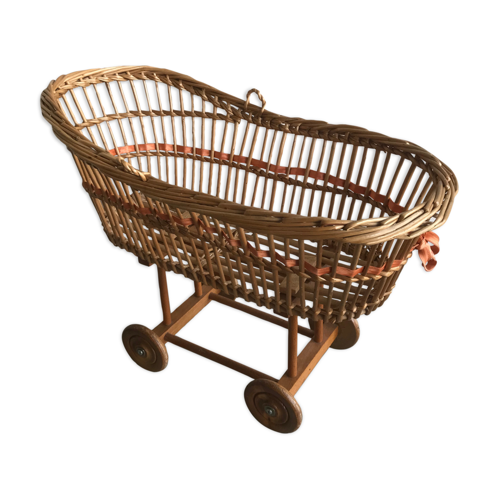 Jouet enfant ancien landau sur roulettes bois & osier | Selency