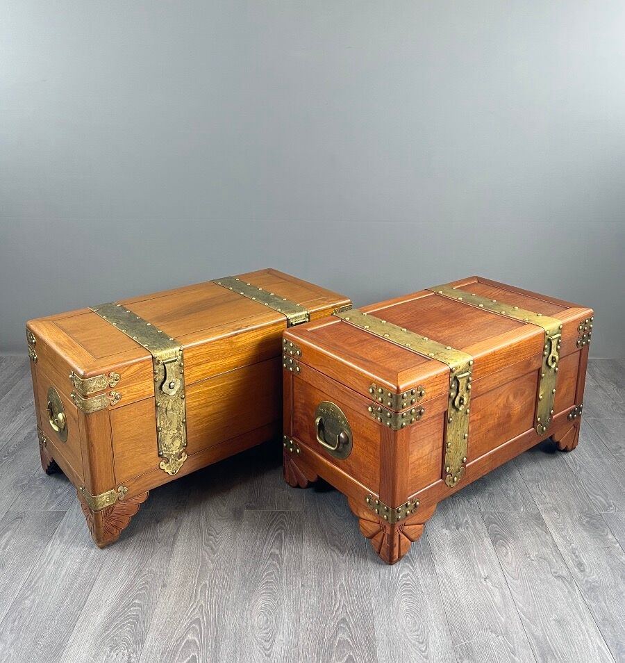 Pair of wooden and engraved brass chests, 20th century