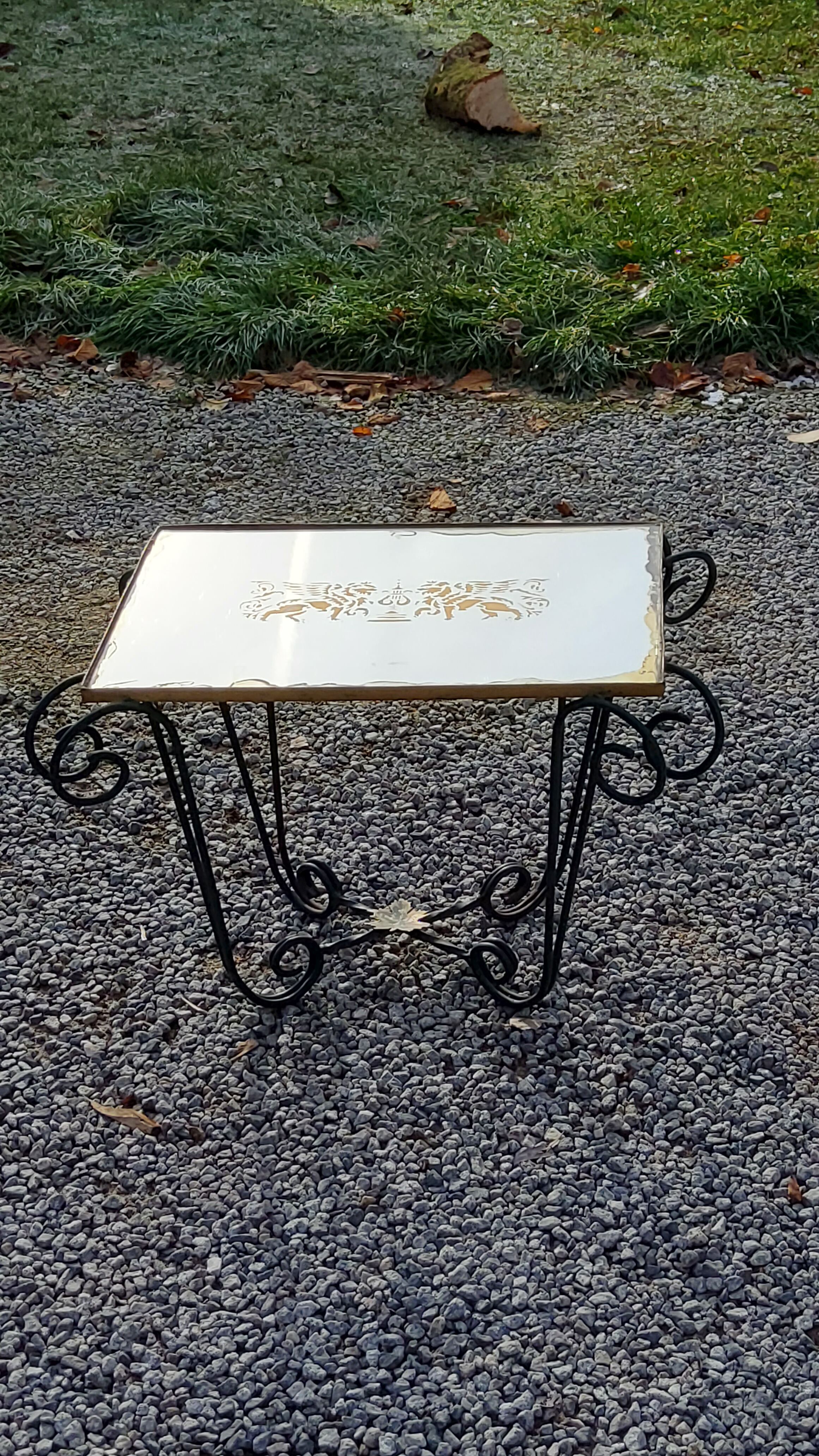 Coffee table end of sofa of the 50s mirror tray base wrought iron
