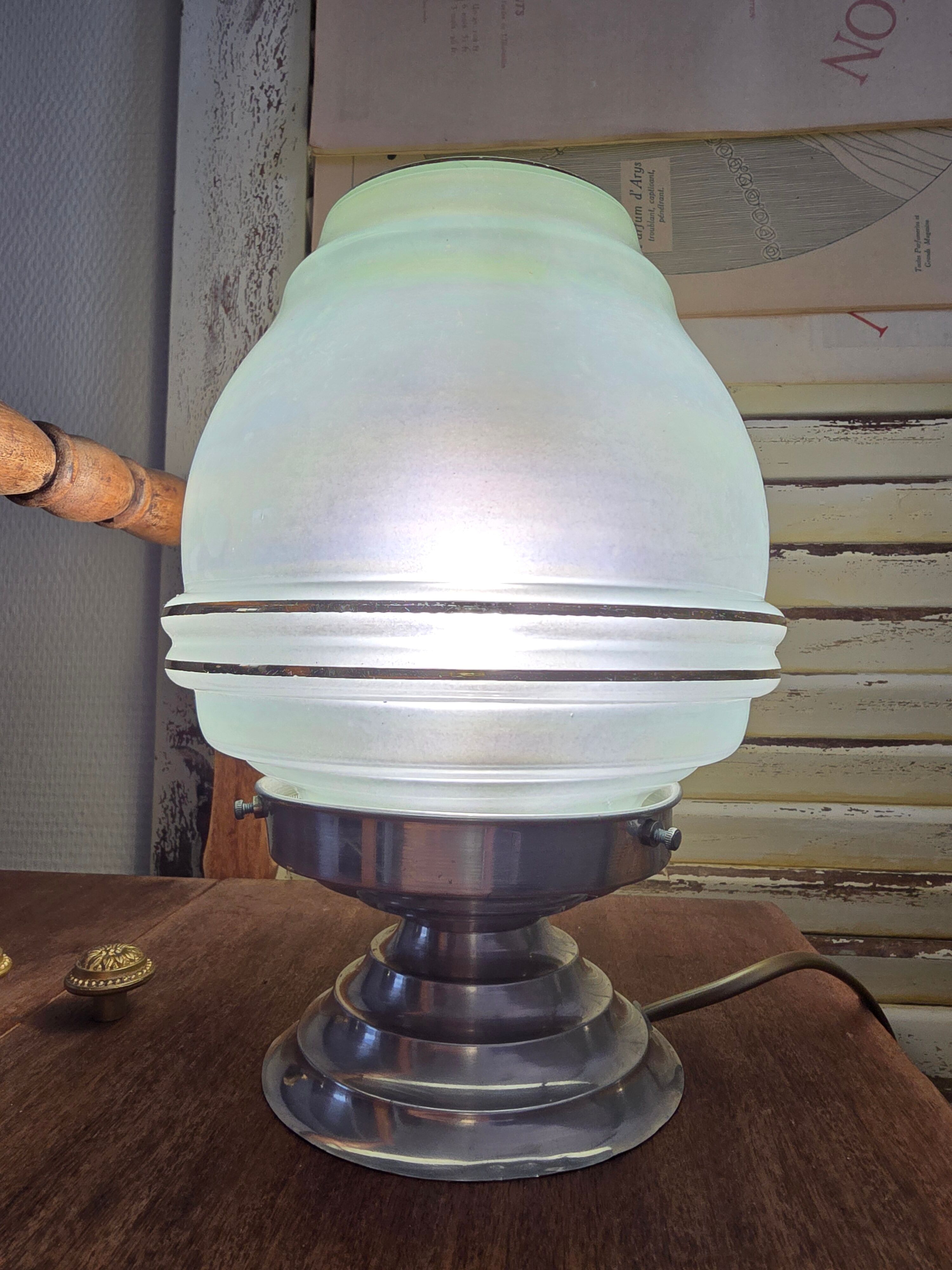 Opalescent ceiling light from the 1930s-40s converted into a table lamp.