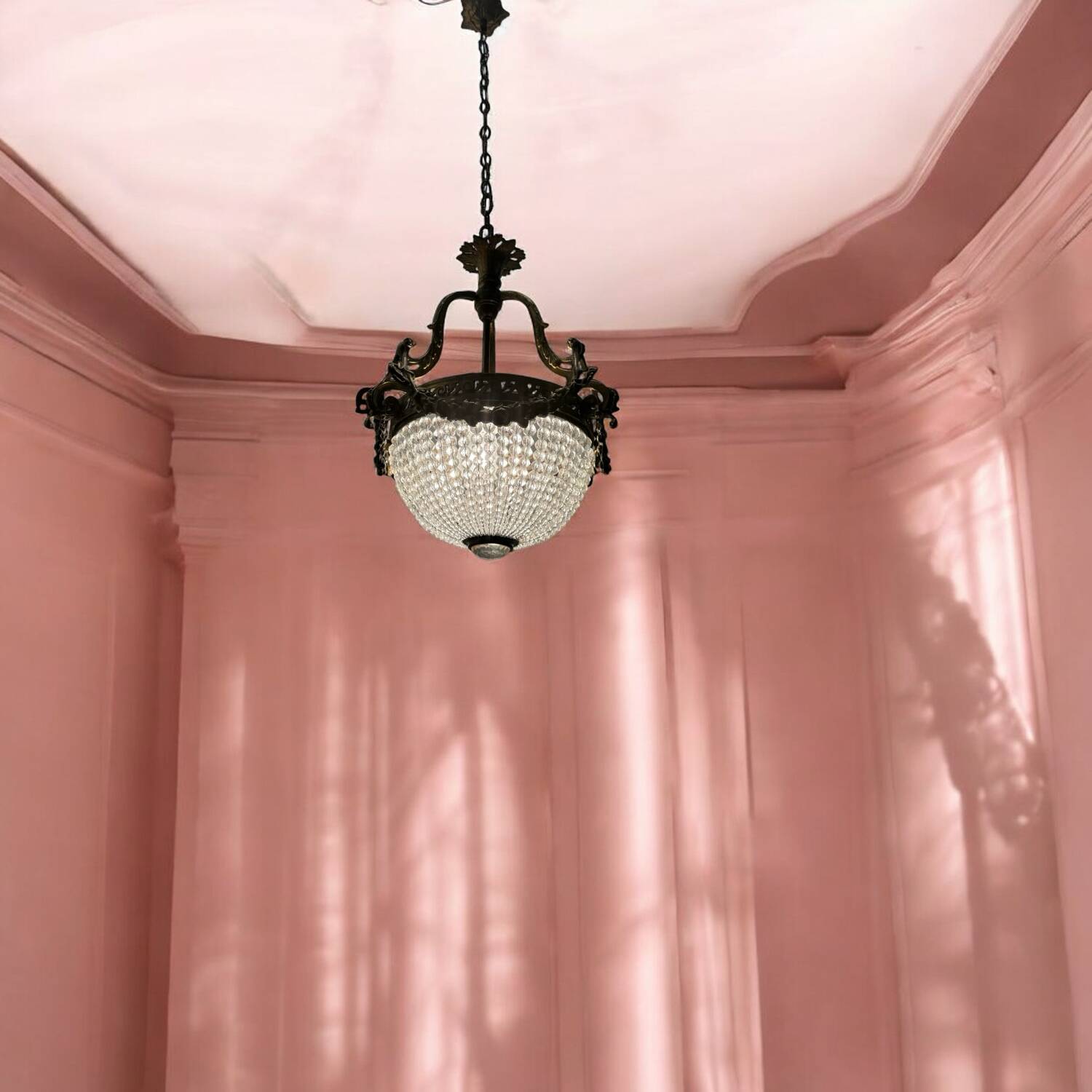 Bronze Crystal Beaded Light Pendant 1940’s