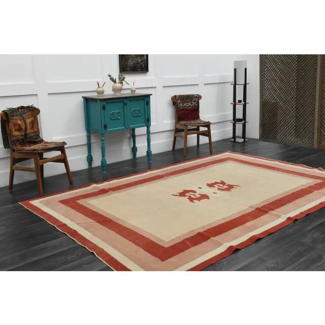 1970s Vintage Turkish Handmade Wool & Cotton Orange Area Rug 203x315
