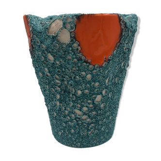 Vase pot style West Germany vintage Fat lava orange turquoise sea foam