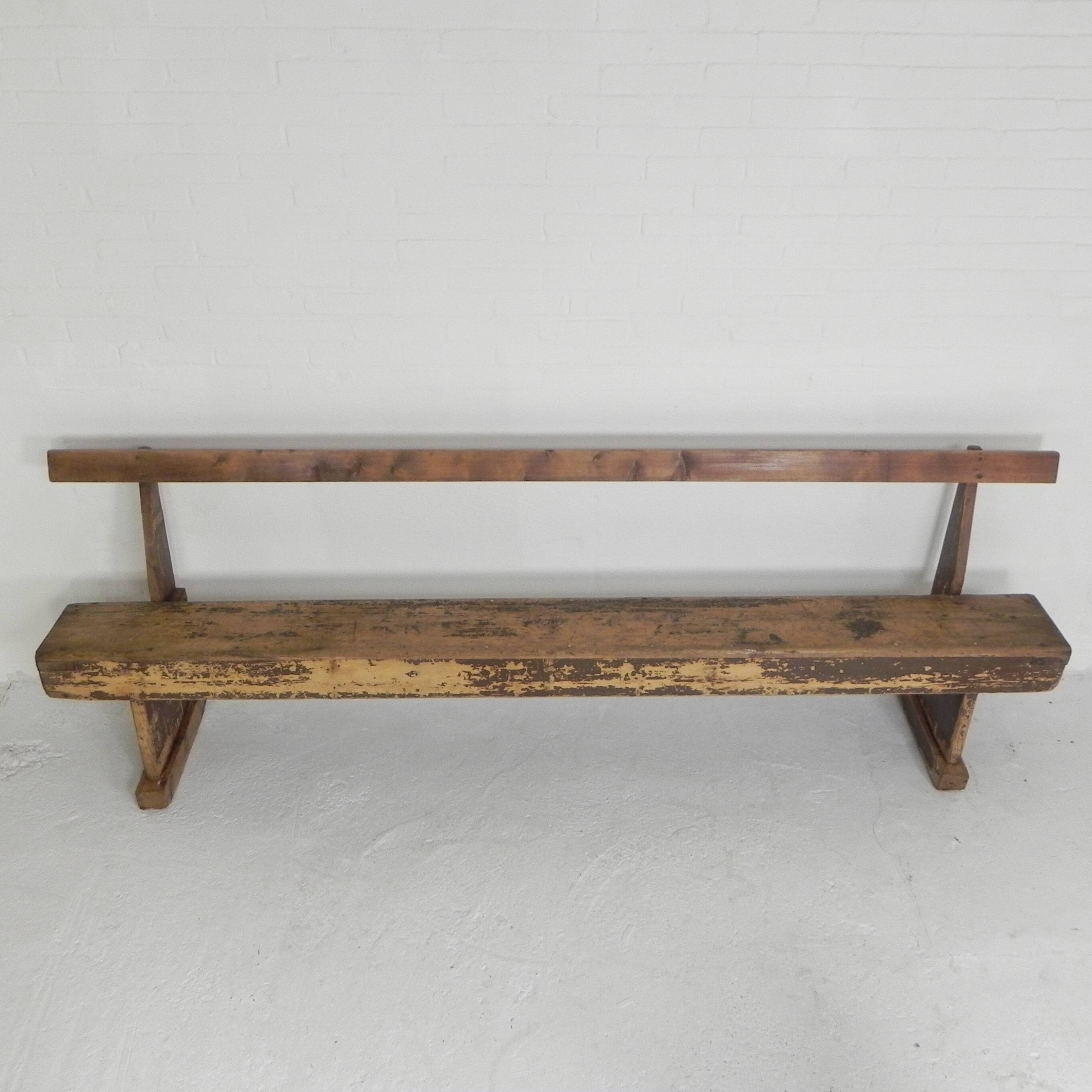 Pine bench with backrest, 2.5 metres long, 1950s.