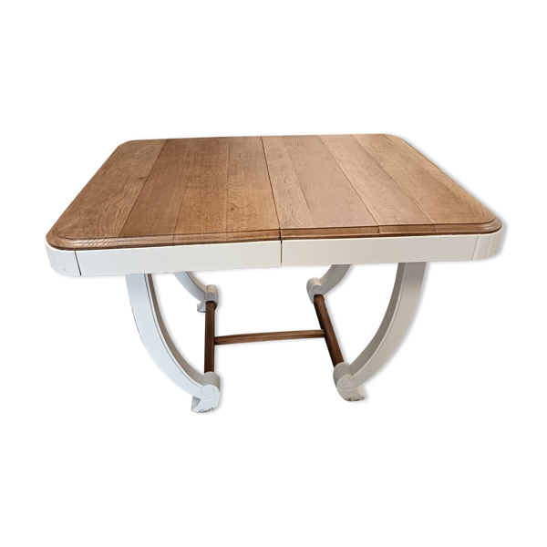 Table en chêne restaurée en bois naturel et lin