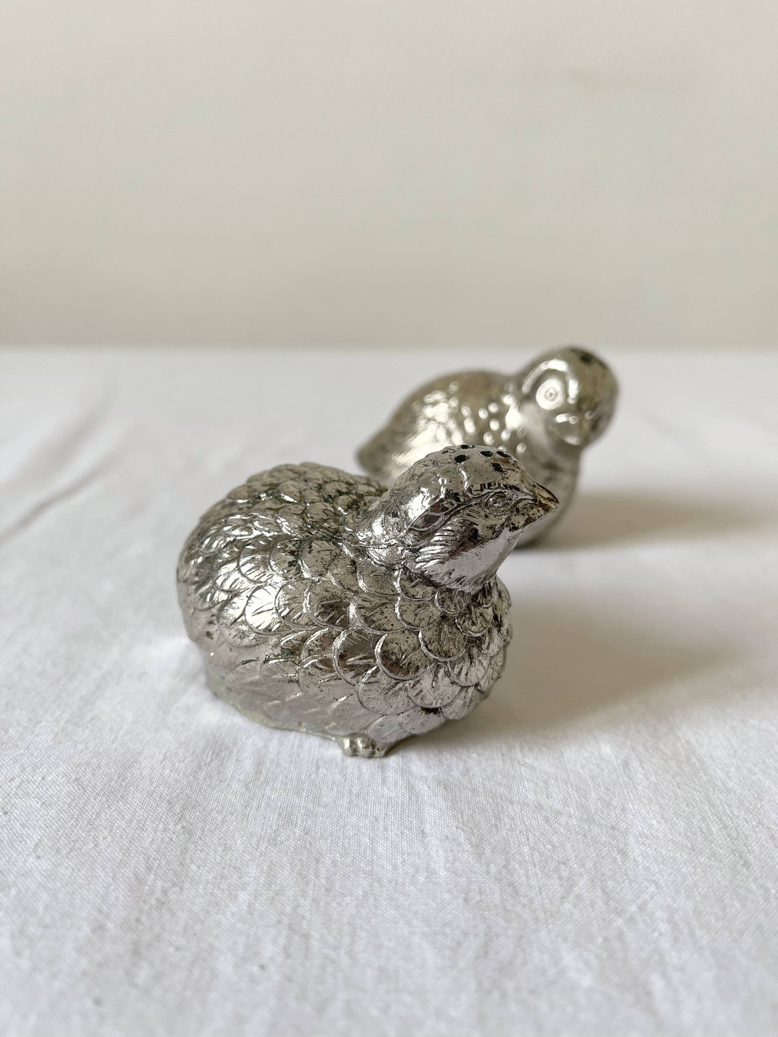 Salière et poivrière en métal argenté oiseaux vintage