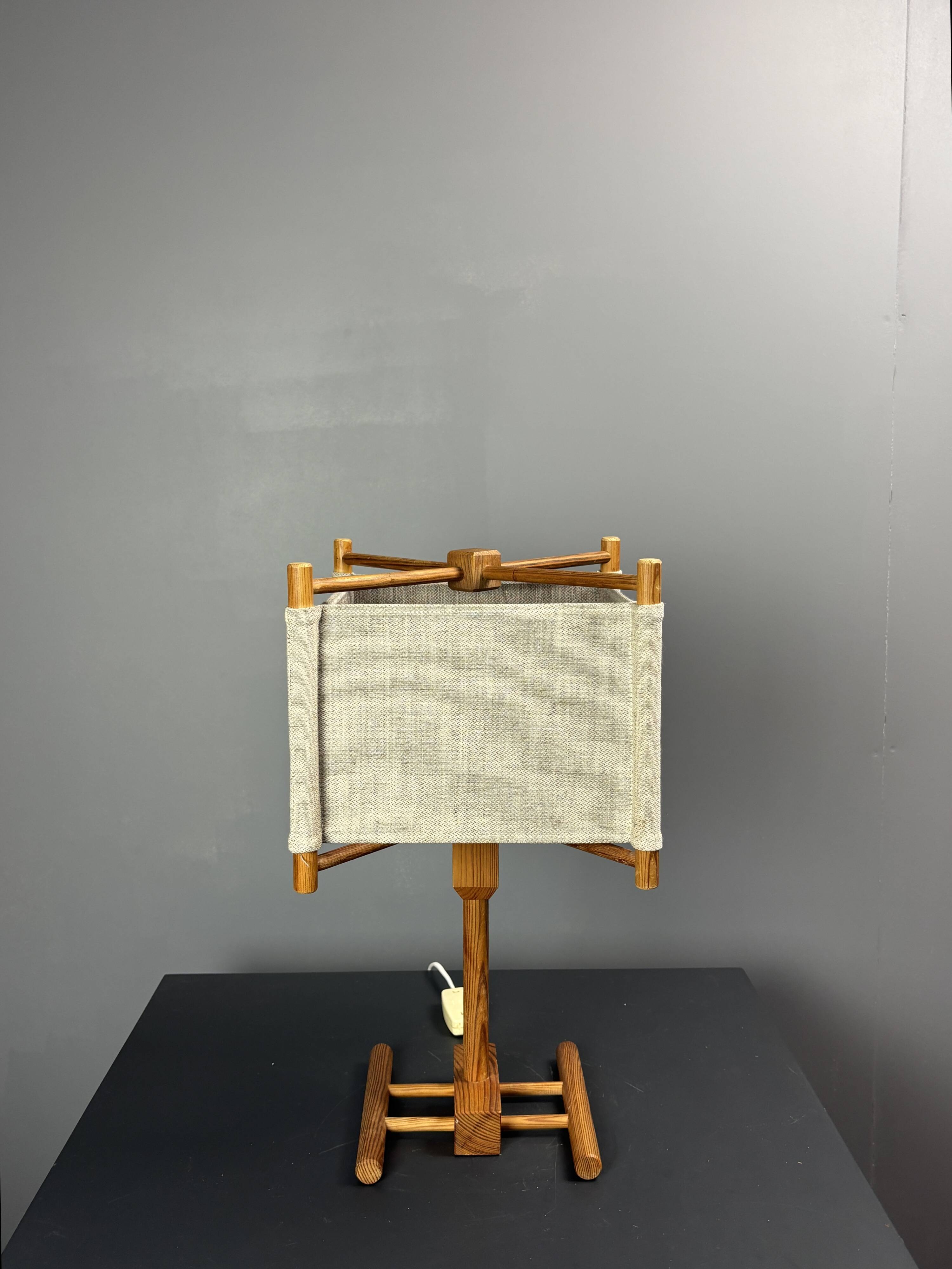 Midcentury Scandinavian pine table lamp with square fabric shade, 1970s