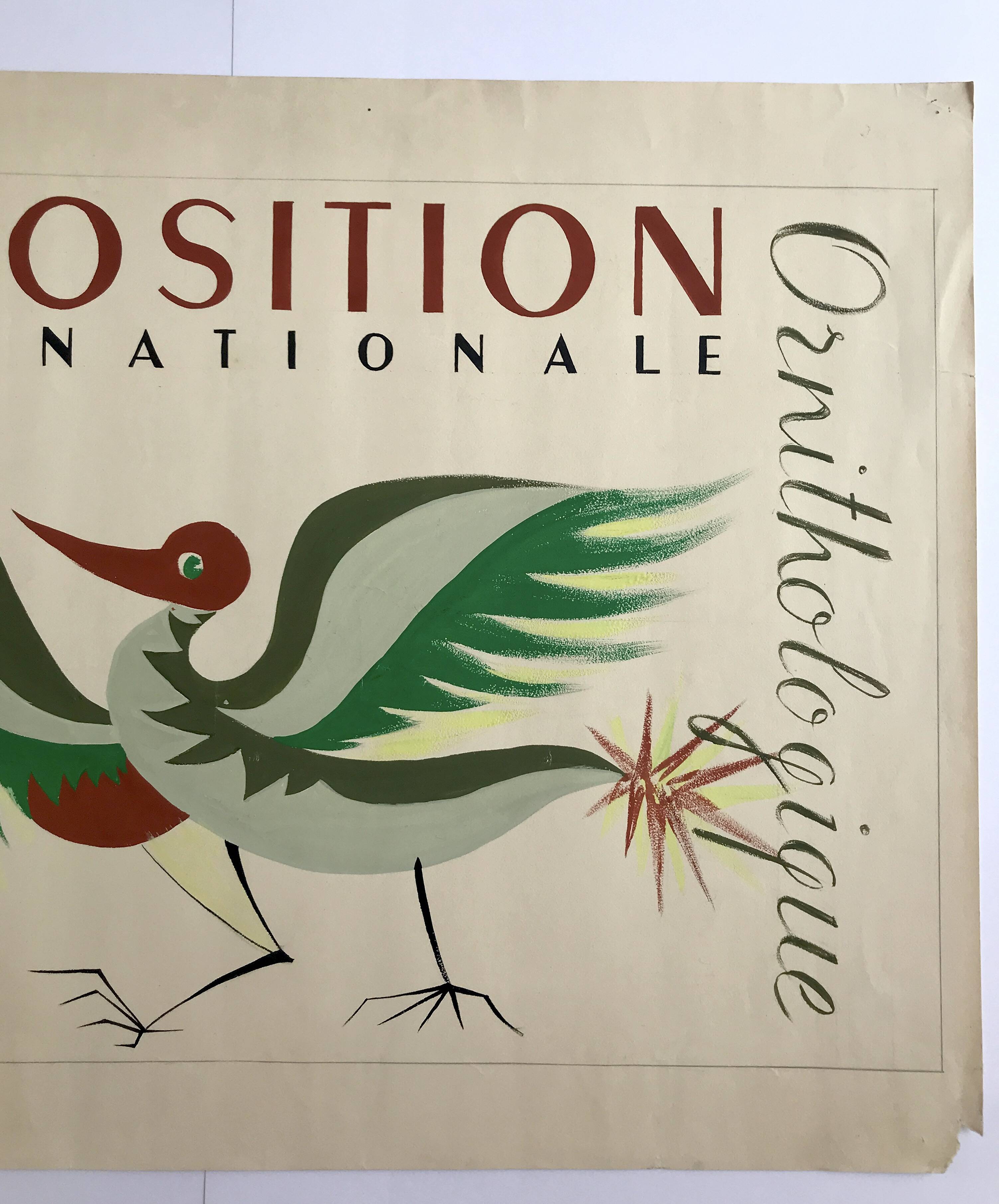 International art deco ornithological exhibition. Original poster painted in gouache.