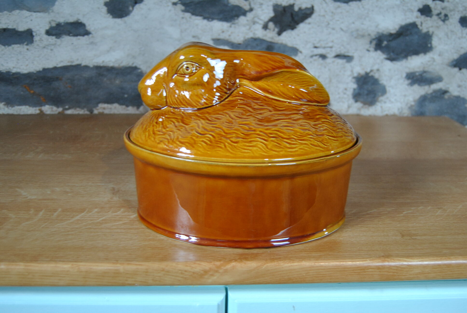 Vintage yellow enamelled rabbit terrine