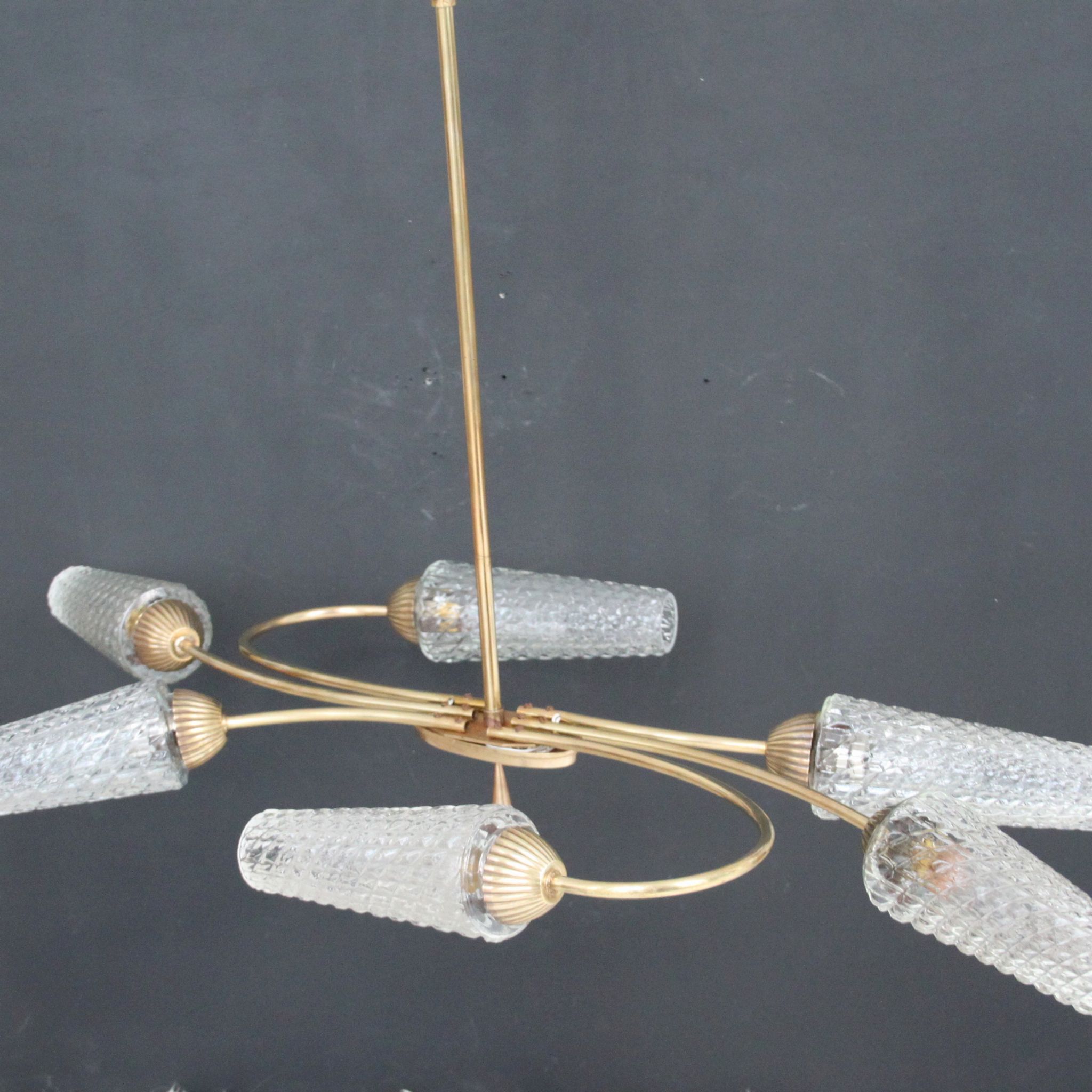 Vintage brass chandelier, moulded glass tulip lampday, circa 1950