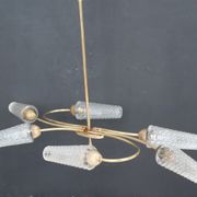 Vintage brass chandelier, moulded glass tulip lampday, circa 1950
