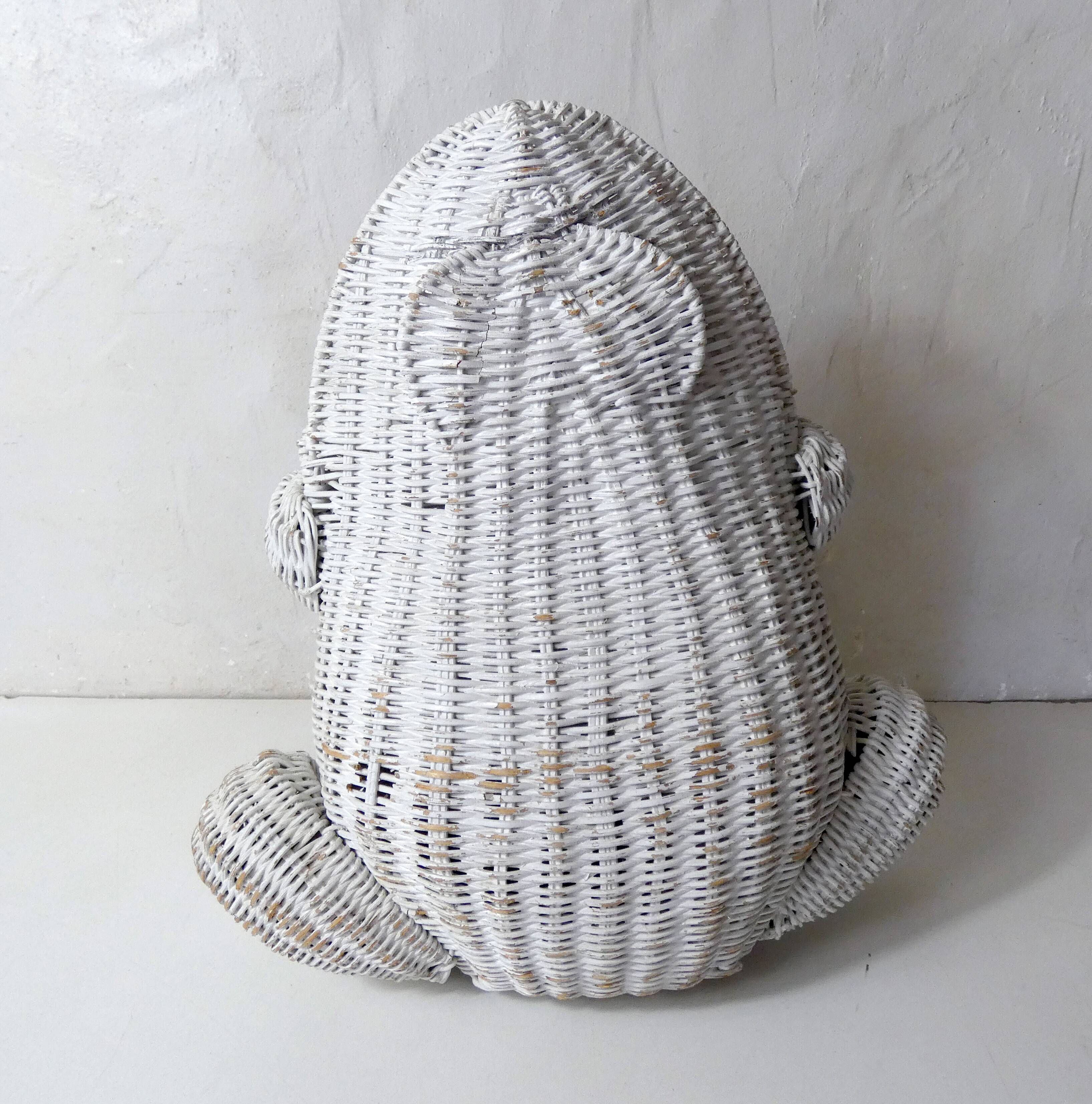 Corbeille à papier grenouille vintage en rotin blanc