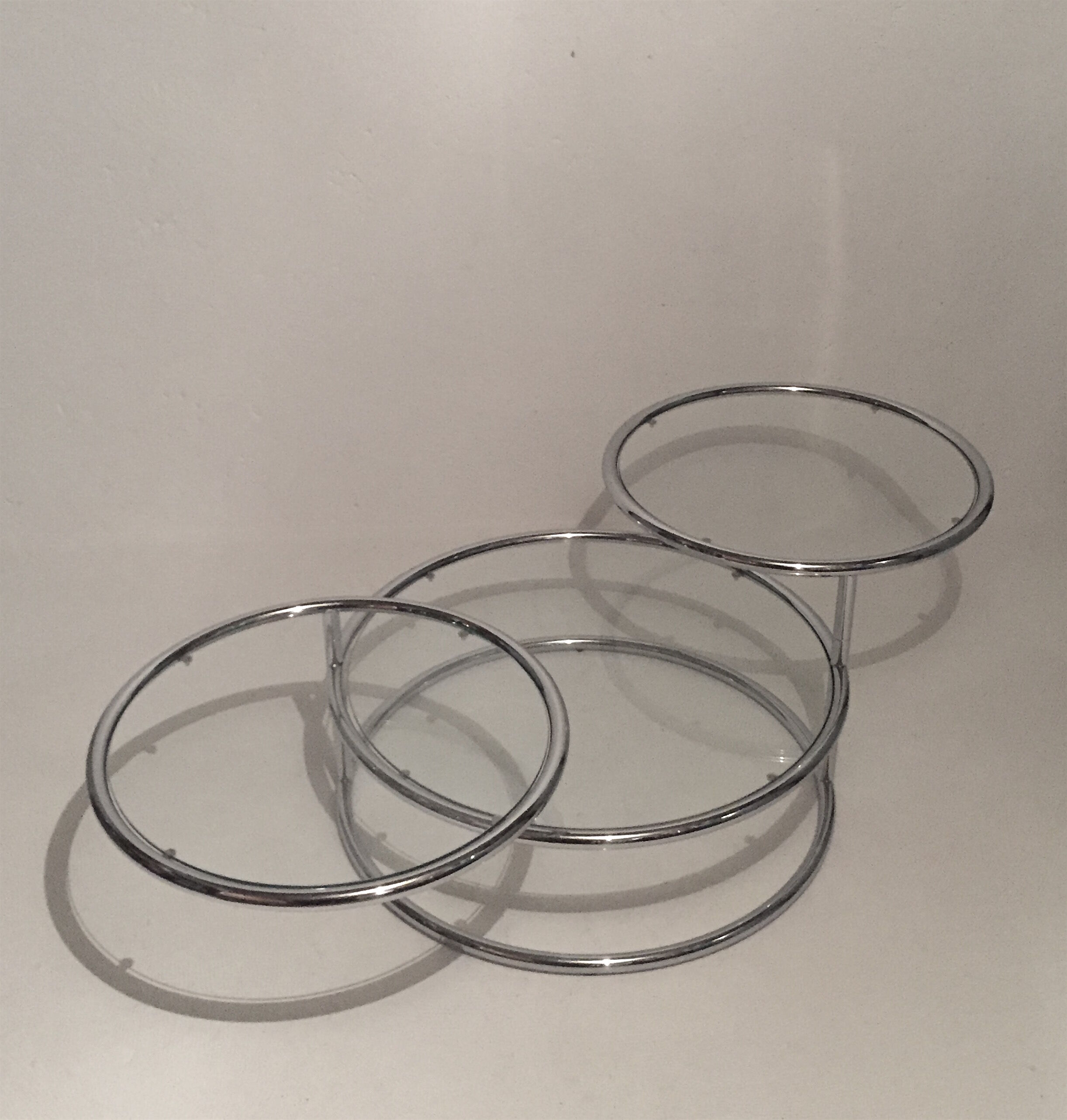 Milo Baughman style coffee table, swivel trays, chrome and glass, 1970s