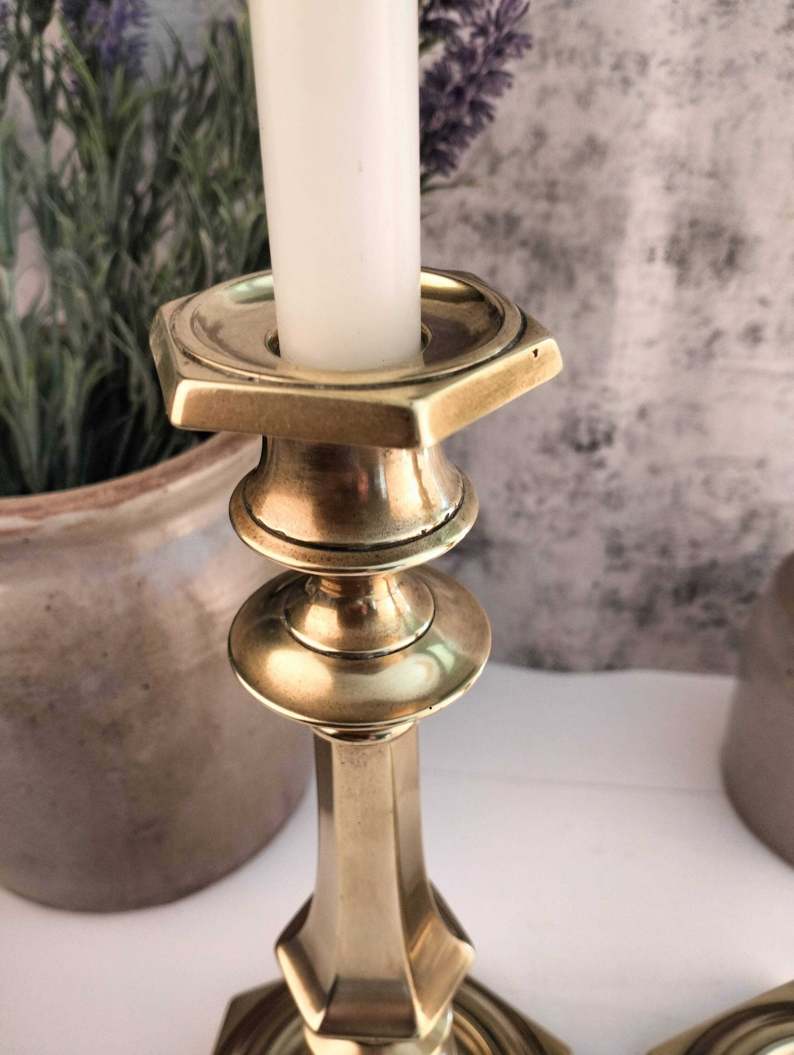 Charming Pair of Victorian Brass Candlesticks with Octagonal Bases - Matching Antique Candle Holders