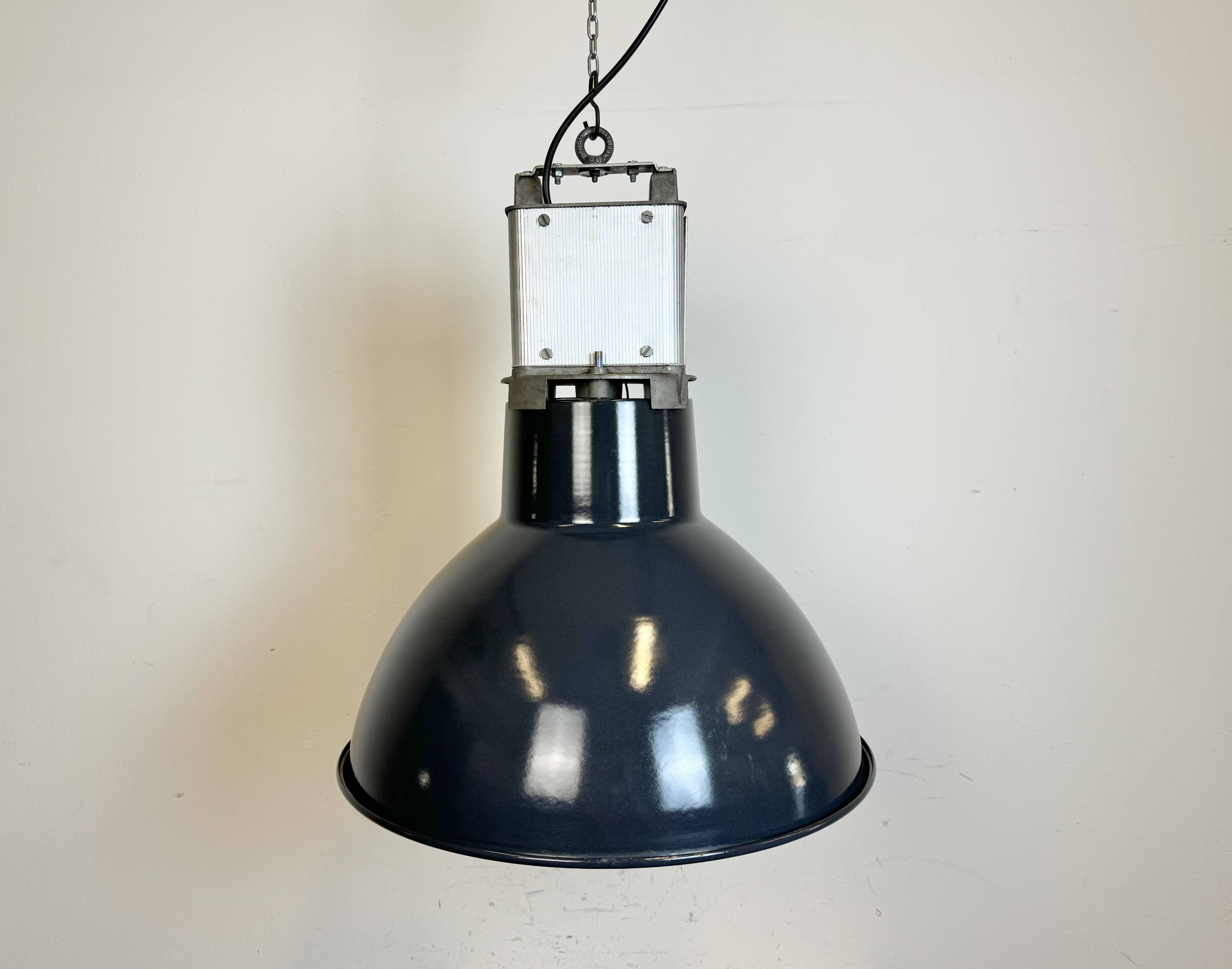 Industrial french dark blue enamel pendant lamp from mazda, 1960s