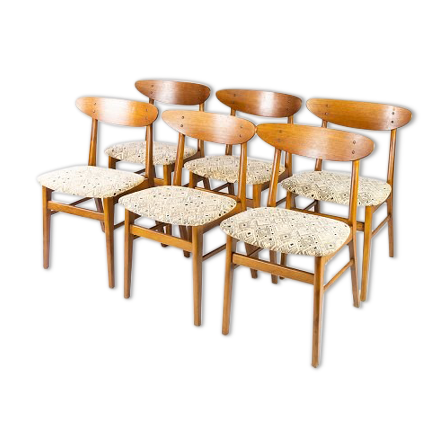 Set of six dining room chairs in teak and upholstered with light fabric, of danish design, 1960S